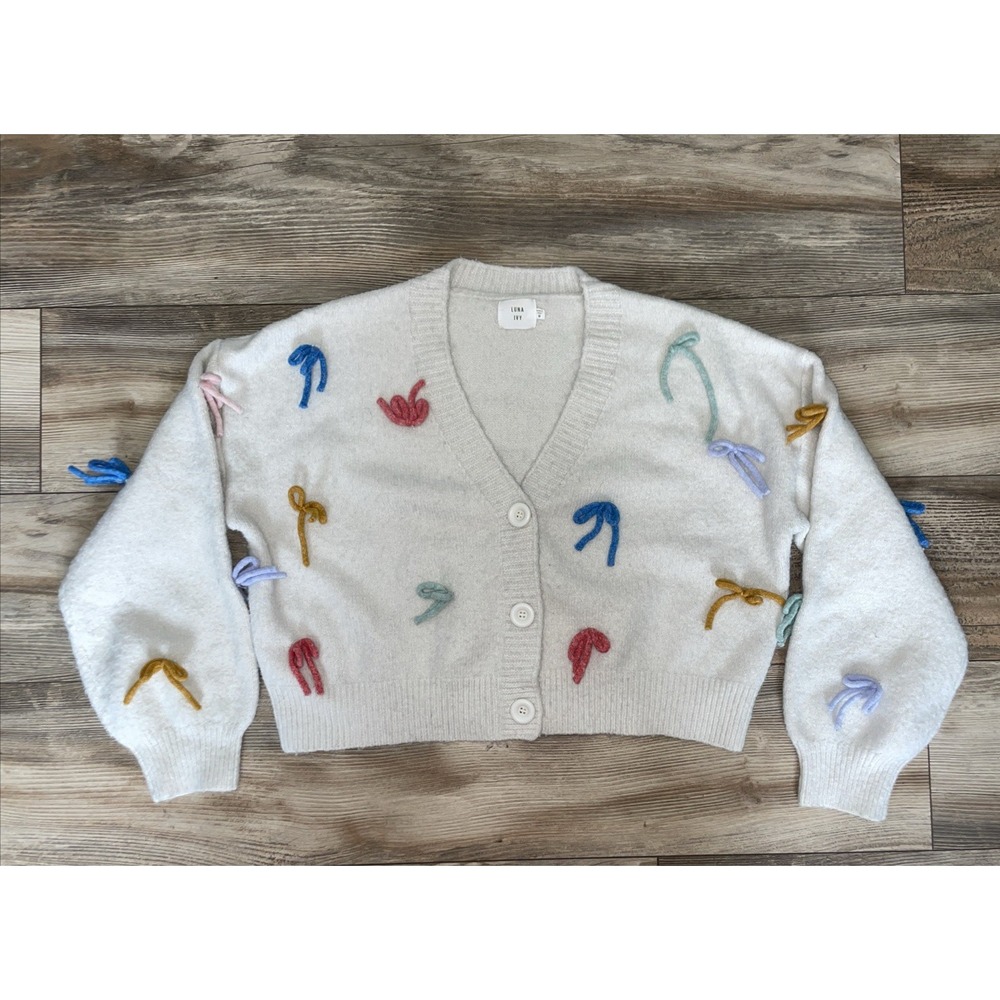 LUNA IVY Cream Cardigan Sweater Bows Medium Oversized Cottagecore Anthropologie